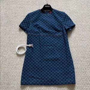 Monogram Denim Shift Dress Blue Short Sleeve